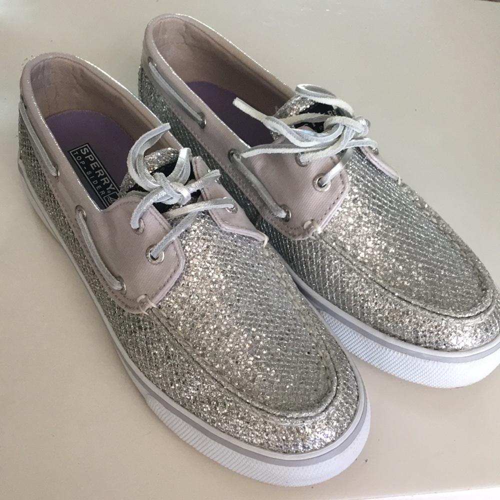 Sperry Bahama silver glitter boat shoe